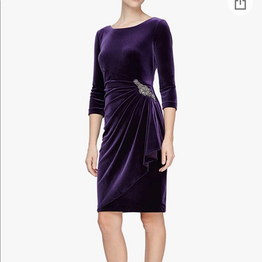 Alex Evenings Women’s Short 3/4 Sleeve Velvet Ruched Dress 14 knee Length